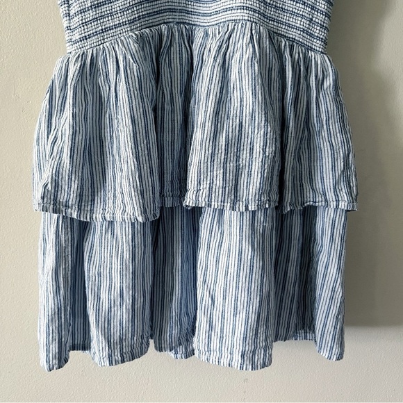 AE Linen Blend V-neck Blue White Pinstripe Tiered Ruffle Mini Dress - Picture 7 of 11
